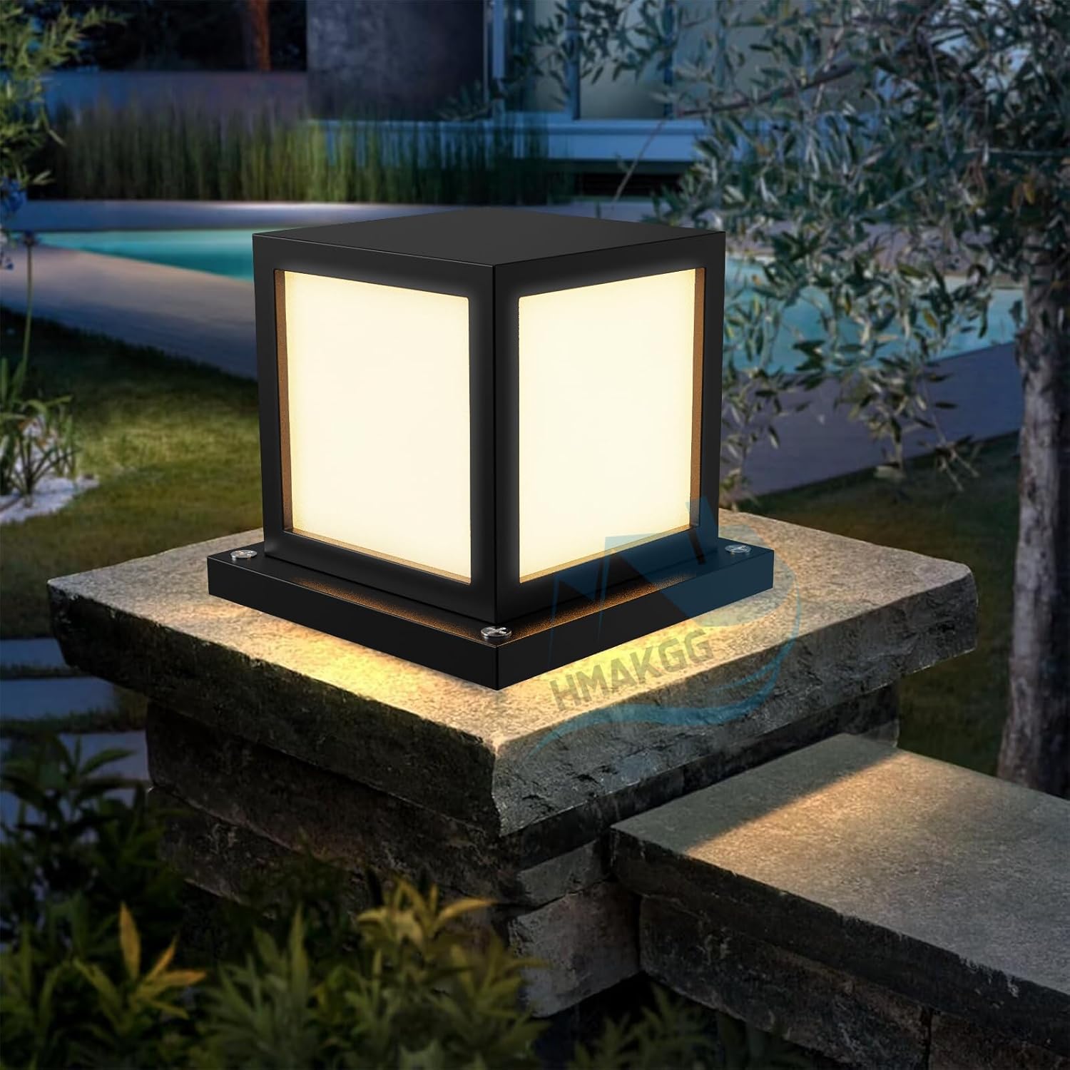 Lámpara de pedestal LED para exteriores HMAKKG - Baliza, luz de camino, aluminio, negro, lámpara de jardín de 12 W con base y 3 modos de iluminación, resistente al agua IP45, diseño cuadrado - Lámpara de pie para exteriores E27