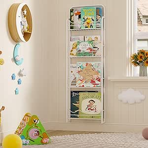 BBLIKE Estantería de pared para niños, estantería de 4 niveles, estantería de almacenamiento para niños, estantería de pared con ondas blancas, organizador de metal para libros, dormitorio de niños,