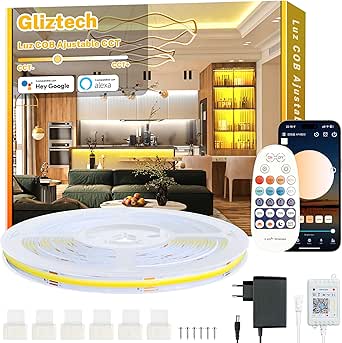 Tira LED COB de 7 m, blanco cálido, compatible con Alexa, 3000 K a 6500 K, regulador de intensidad, cinta LED ultrabrillante, luz LED para debajo de gabinetes con control remoto y aplicación para cocina y dormitorio.