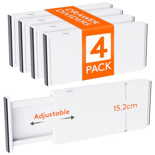 Juego de 4 divisores de cajones Lifewit, ajustables para longitud interior de 34-50 cm y altura de 15,5 cm. Sistema organizador para cocina, armarios y escritorios, color blanco.