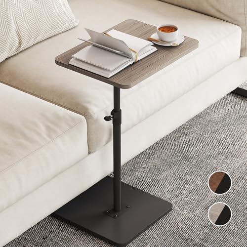 Mesa auxiliar de madera en forma de C de NiHome, ajustable en altura, giratoria 360°, ideal para sofá y mesita de noche, mesa auxiliar móvil para salón y dormitorio, mesa de aperitivos (gris)