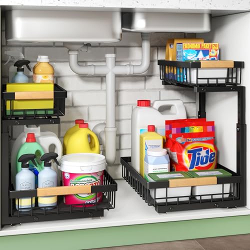 Organizador de gabinete de fregadero de metal Kitstorack, 1 pieza, organizador de estante debajo del fregadero, organizador de estante de almacenamiento extensible deslizable de 2 niveles para cocina, baño, despensa y gabinete