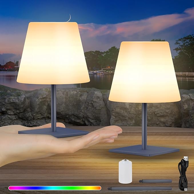 RWWR - Pack de 2 lámparas de mesa LED recargables, minilámpara inalámbrica, pequeña, regulable en blanco cálido y 7 colores, recargable tipo C, para exteriores, dormitorio, balcón y patio (gris, control táctil, base cuadrada)