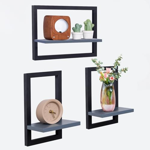 Juego de 3 estantes de pared hi-home, estante flotante para decoración de pared, estantes colgantes para almacenamiento de pared, estantería cuadrada de pared, estante colgante de pared de madera para dormitorio, sala de estar, gris