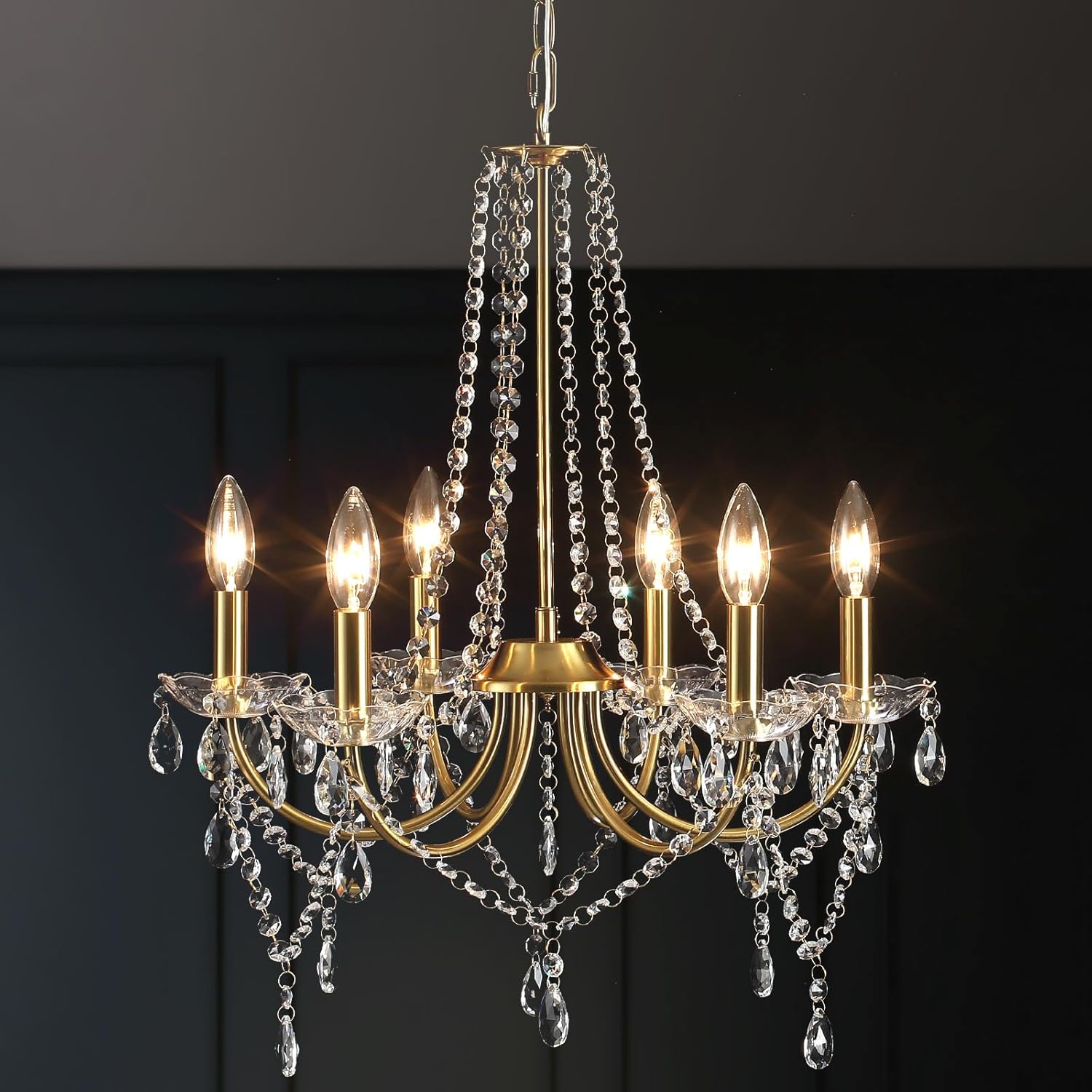 Lámpara de araña moderna de cristal dorado, lámpara de techo vintage de cristal de 6 luces, lámpara de araña colgante para sala de estar E14, lámpara colgante de metal dorado para dormitorio, cocina y comedor.