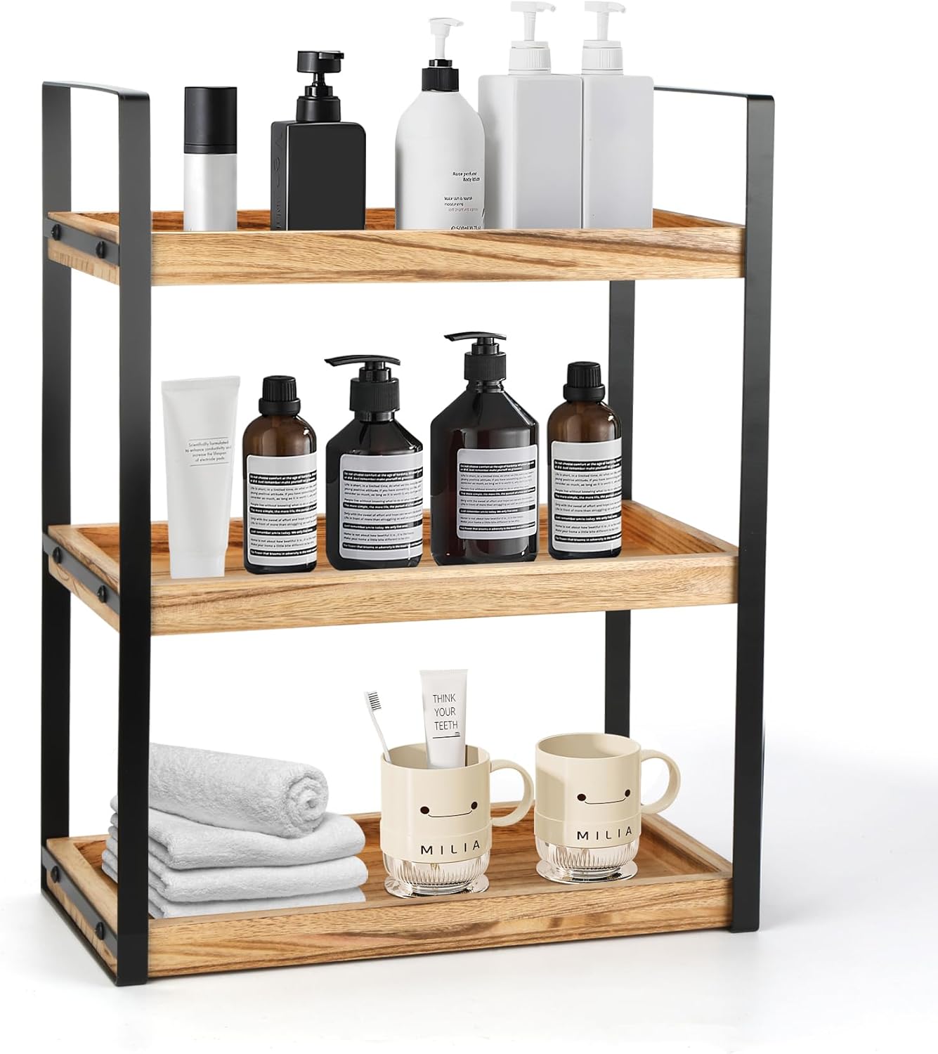 MUCOOS - Estante organizador de baño de 3 niveles, de madera resistente a la humedad, con marco de metal, especiero multifuncional, organizador de escritorio para cocina