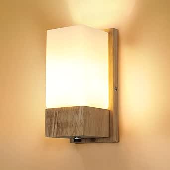 Aplique de pared de madera para interior DELIPOP, lámpara de pared vintage con casquillo E27, iluminación de pared retro con pantalla de cristal para dormitorio, salón, pasillo y escalera.