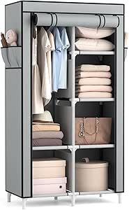 Armario Vicye, armario portátil de tela con barra, 6 estantes, 4 bolsillos laterales y funda, armario resistente para dormitorio y vestidor (negro, 84 x 42 x 162 cm), gris