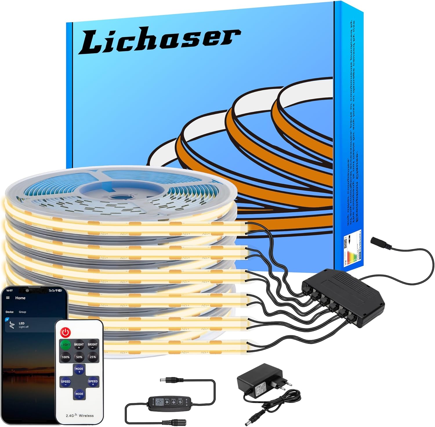 Lichaser Tira LED COB 6 Rollos Paralelos 3000K Blanco Cálido, 12V Regulable Con Interruptor Táctil, Adhesiva Para Cocina, Habitación, Placa Insonorizante (3M)