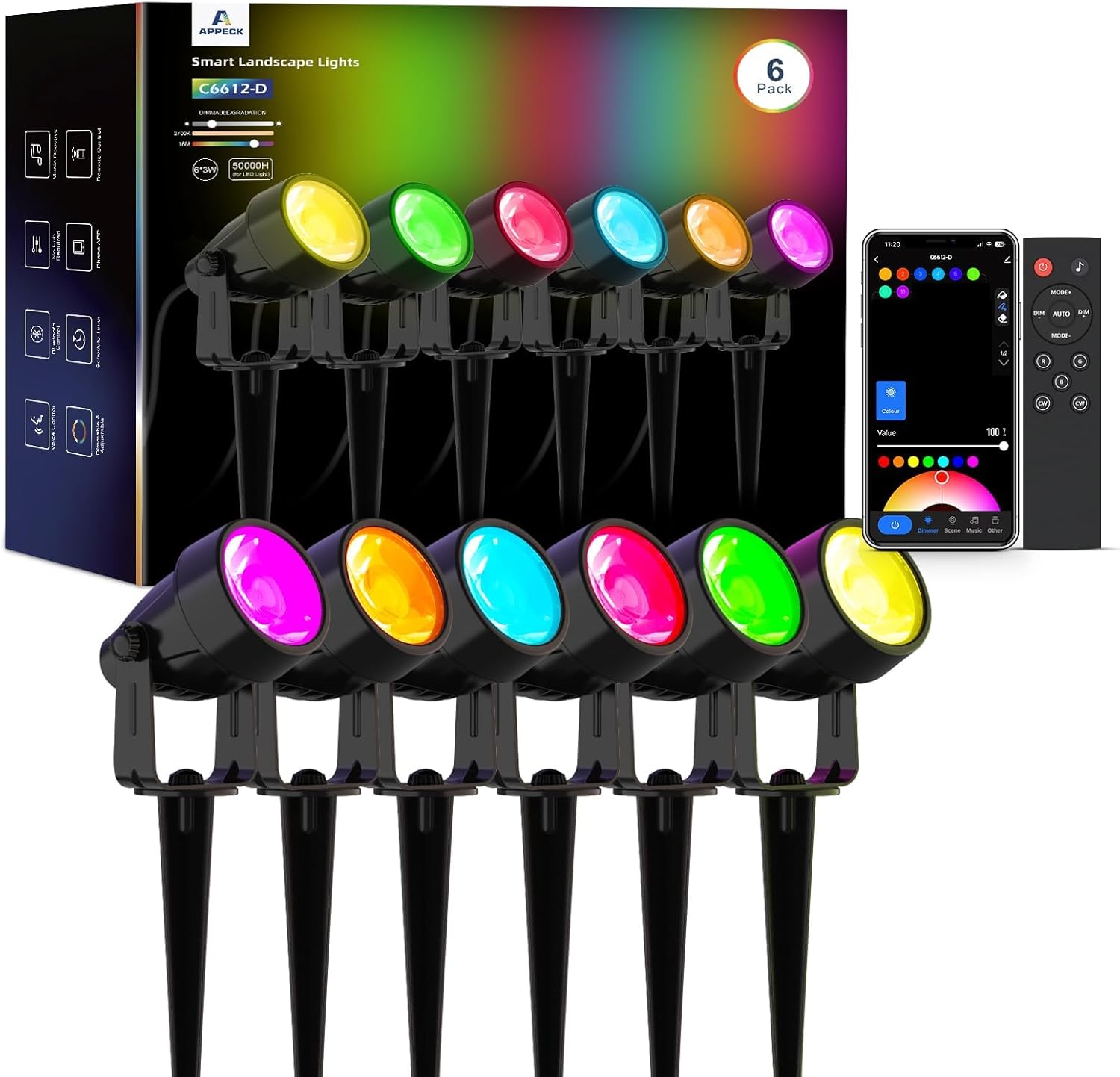 Focos de jardín APPECK, iluminación inteligente WiFi para jardín con alimentación eléctrica, focos inteligentes de bajo voltaje con cambio de color RGBW, con control por aplicación/voz, para patio, jardín, entrada de vehículos y senderos, paquete de 6 unidades