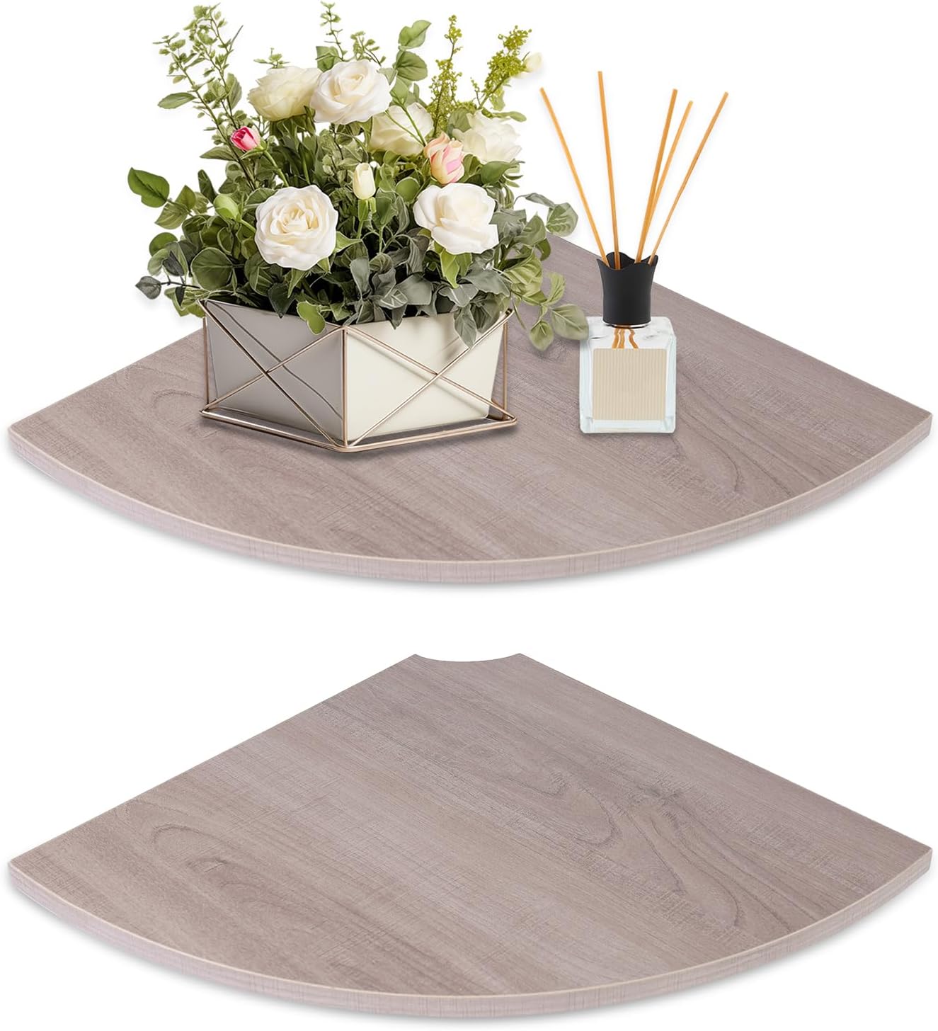 Estante esquinero JJL, 30 cm de profundidad, juego de 2 estantes esquineros en forma de abanico, estantes colgantes de madera con orificio para alambre, ideales para la decoración del dormitorio, color blanco claro.