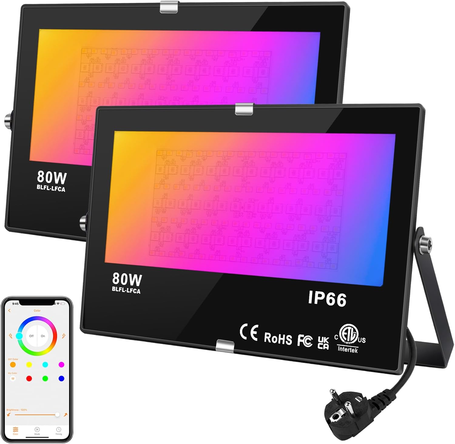 Focos LED RGB DUSKTEC con enchufe, regulables, focos exteriores multicolor de 80 W (2 unidades), proyectores LED exteriores de luz blanca cálida de 230 V, proyectores inteligentes con control mediante aplicación Bluetooth para árboles, jardines e interiores.