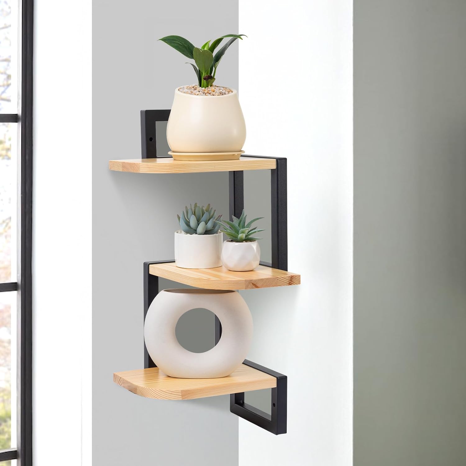 Juego de 3 estantes esquineros colgantes de madera rústica para habitación infantil, bonitos estantes esquineros de madera para baño, sala de estar, cocina, color marrón.