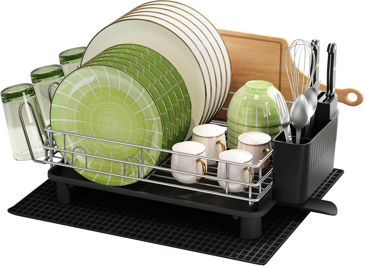 Escurridor de platos MAJALiS con bandeja de goteo, escurridor de acero inoxidable, escurridor de fregadero con escurridor y pico giratorio, color negro