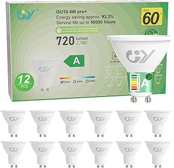 Bombilla LED GU10 GY de 4 W, 720 lúmenes, 3000 K, luz blanca cálida, reemplaza bombilla de 60 W, ángulo de haz de 110°, fuente de luz, bombilla de bajo consumo no regulable, paquete de 12