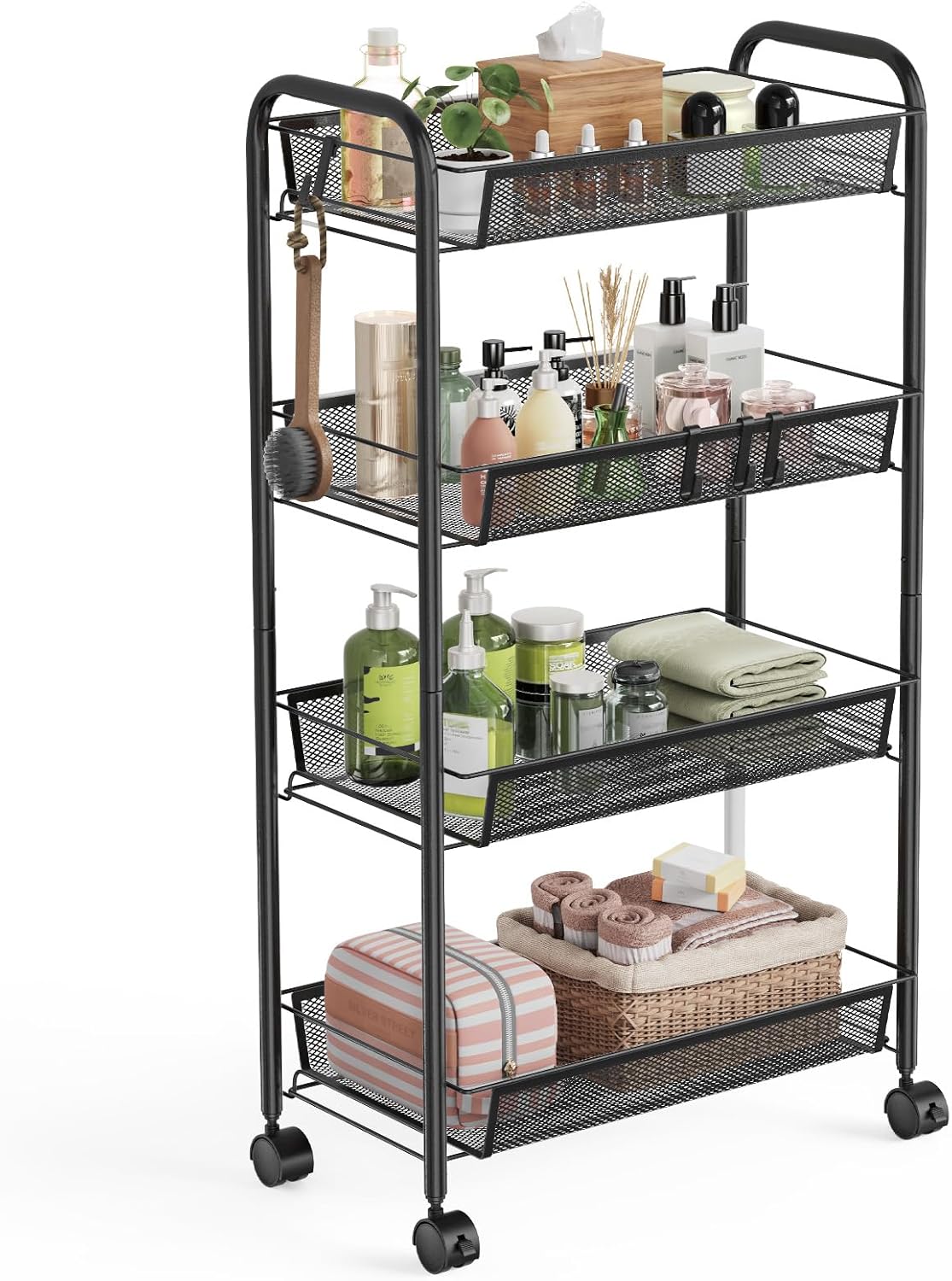 Carrito de almacenamiento WELDUN de 4 niveles, con ruedas, de malla, móvil para dormitorio, cocina, baño y sala de estar, de metal, color negro