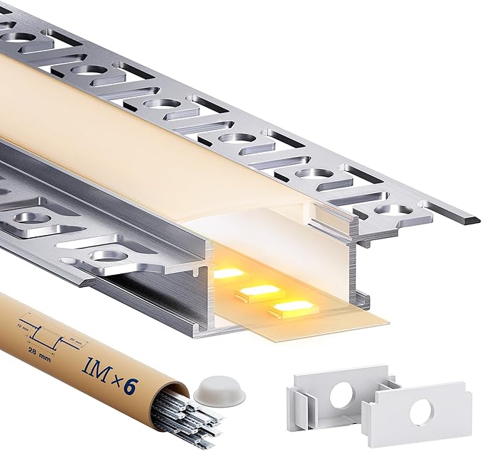 Perfil LED para pladur, 1 m, 6 unidades, carril/canal para tira LED con difusor LED blanco opal, perfil de aluminio para una luz uniforme, apto para tiras LED de hasta 20 mm, dimensiones 64,2 × 13,8 mm (SA01, 1 m, 6 unidades)