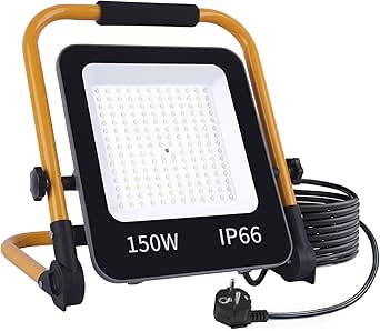 Foco LED para construcción Fosingut de 150 W, 15 000 LM, luz de trabajo con soporte, cable de 2 m, enchufe europeo, luz blanca fría, resistente al agua IP66, para taller, garaje y sótano.