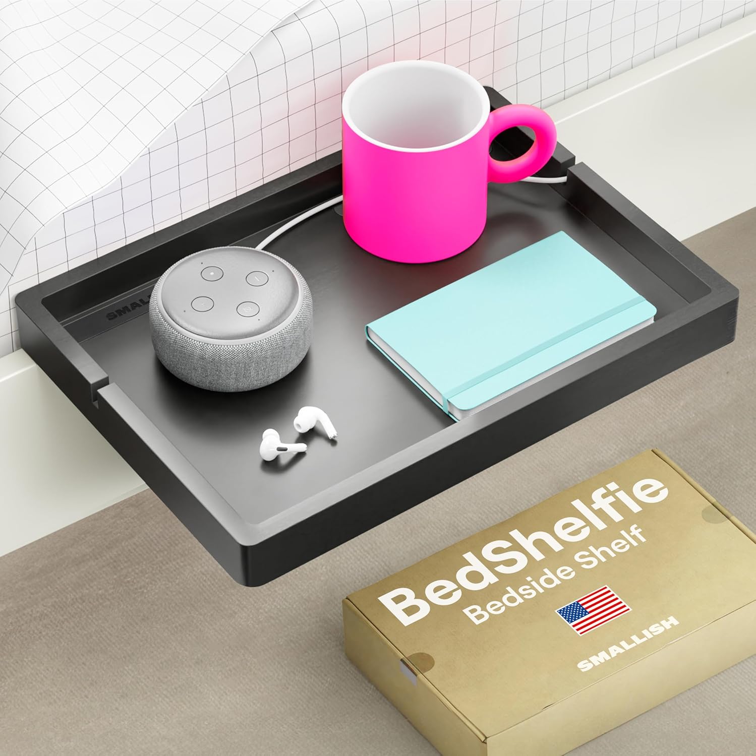 Bandeja para mesita de noche BedShelfie Smallish para literas y literas superiores, artículos esenciales para dormitorios universitarios, mesita de noche tipo loft, mesita de noche flotante, bandeja, almacenamiento, decoración para dormitorios de Smallish