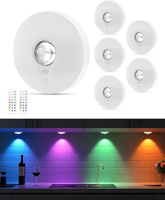 Focos LED RGB WUYOR recargables por USB con control remoto, luces LED que cambian de color para debajo de los gabinetes, iluminación LED magnética regulable a batería, iluminación inalámbrica para vitrinas con temporizador, blanco, 6 unidades