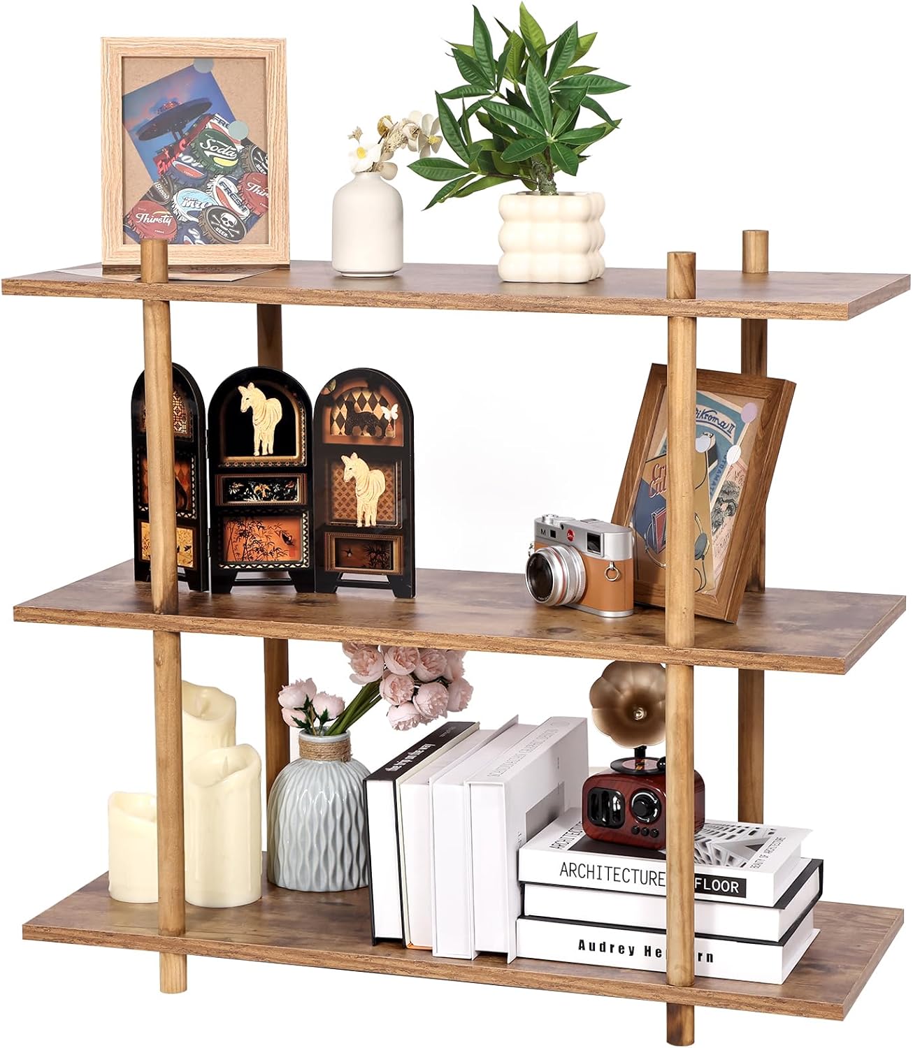 GERYMU Estantería abierta de 3 niveles para salón, estantería de pie, 30 x 80 x 67,5 cm, consola vintage para dormitorio, estudio y cocina, color marrón rústico