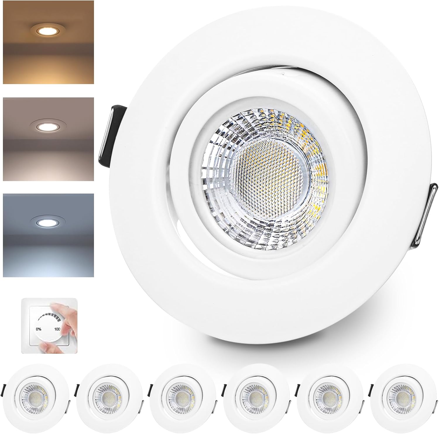 Focos LED empotrables blancos regulables de 230 V, 6 W, IP44, para baño, focos de techo giratorios, blanco cálido, blanco neutro, blanco frío, para baño, cocina y salón, juego de 6