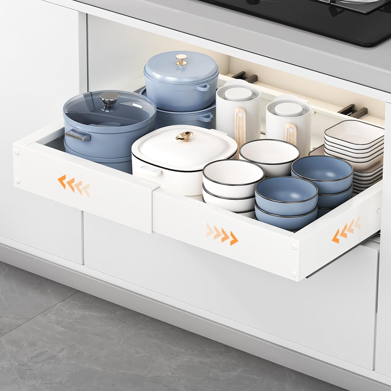 Cajón de cocina extensible HONZUEN, telescópico, de 41,5 a 55 cm de profundidad y 29 a 48 cm de ancho, organizador de armario extensible, sin necesidad de taladrar, organizador de cocina para armario bajo, color blanco
