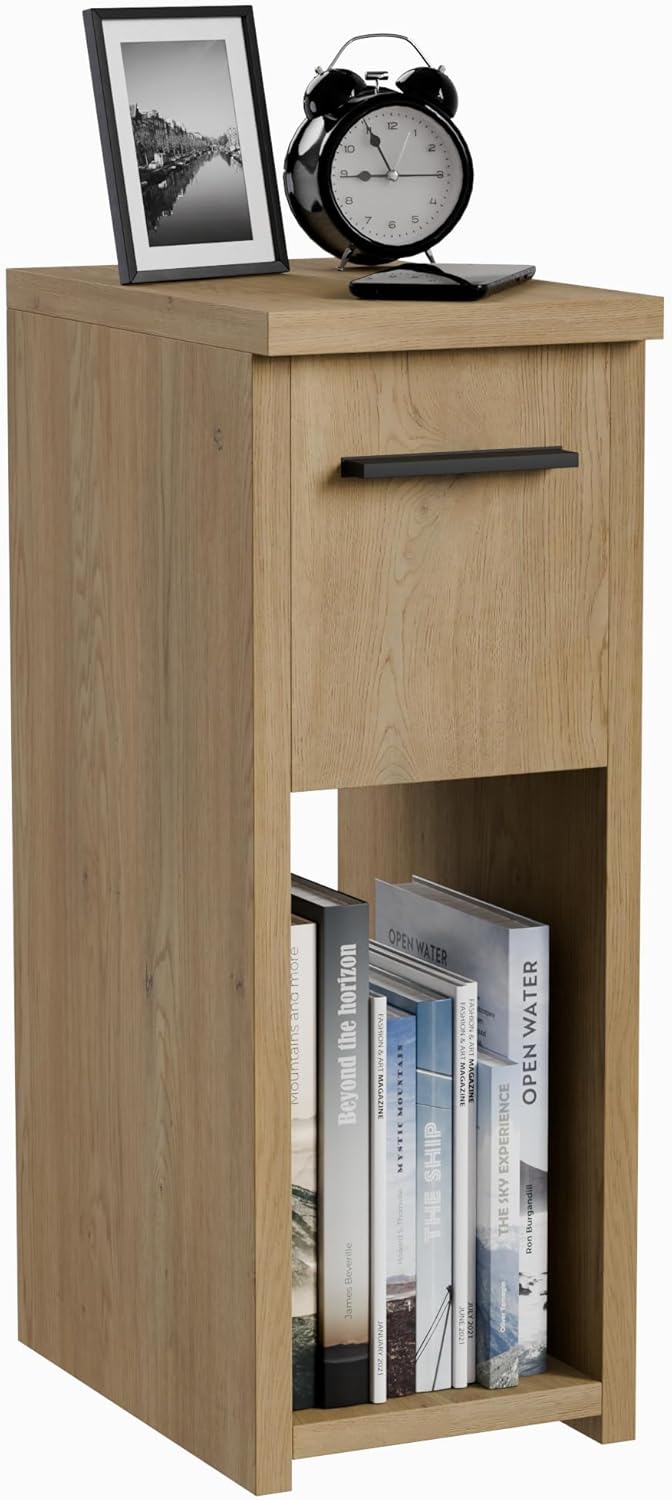Mesita de noche ComfortCove, Mesita de noche con cajón y tirador, Mesita de noche estrecha, Mesita de noche estrecha, Color: Roble, Dimensiones 20x55x30,5 cm.