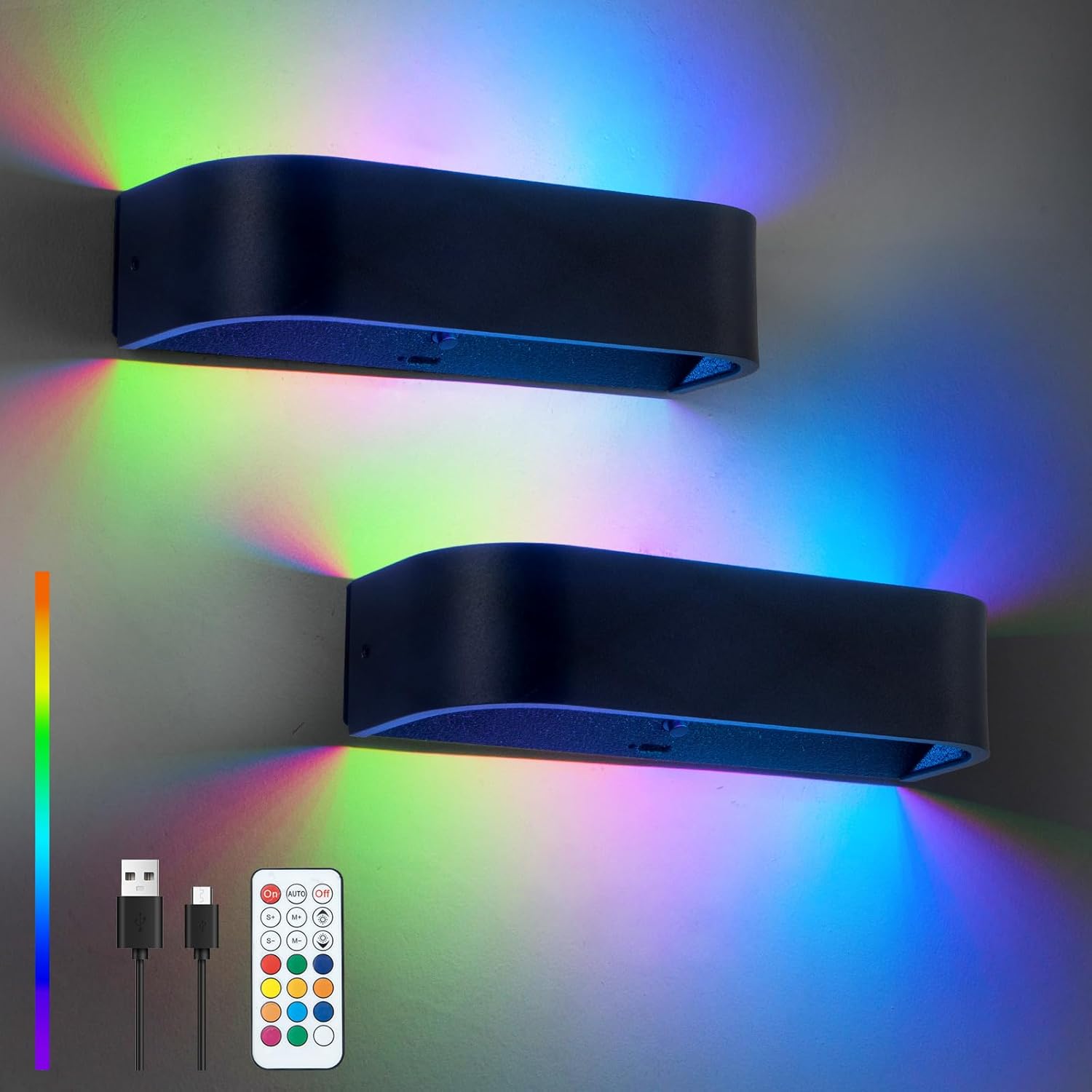 SURPALIC - Pack de 2 apliques de pared, sin conexión eléctrica, LED, recargables para interiores con batería de 6000 mAh, 16 colores RGB, regulables con mando a distancia, para decoración de habitaciones y juegos.