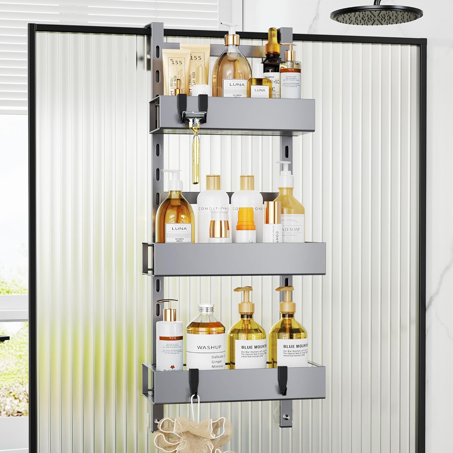 Estante de ducha Orimade para colgar con ganchos, ajustable sin taladrar, 3 piezas, cesta de ducha para puerta de cristal sin marco, color plateado