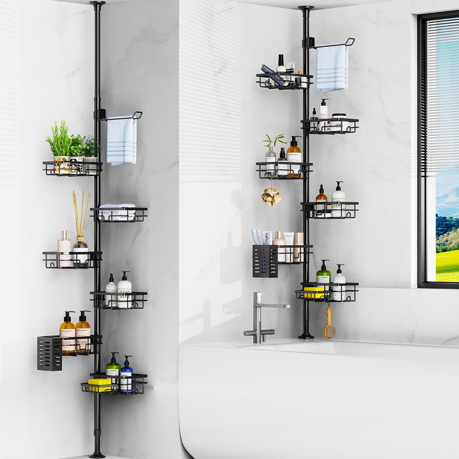 Estante telescópico para ducha Mixoo sin taladros, con 6 cestas de ducha, de 77 a 280 cm, para ducha y bañera, organizador de baño con toallero, jabonera y portacepillos.