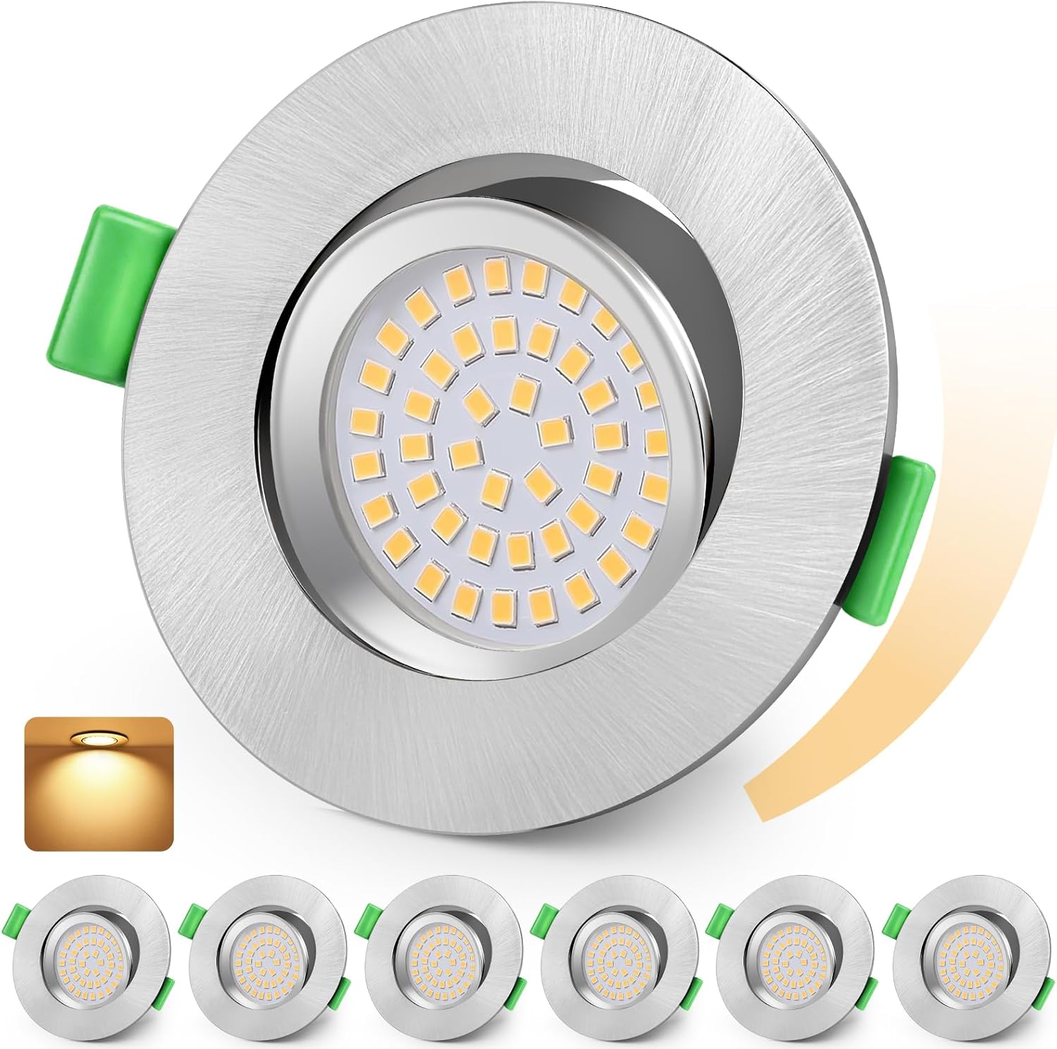 Focos LED empotrables KYOTECH 230V regulables, 68-80mm, ultrafinos, 5W, IP44, para baño, techo, luz blanca cálida 2700K, giro de 45°, níquel, paquete de 6