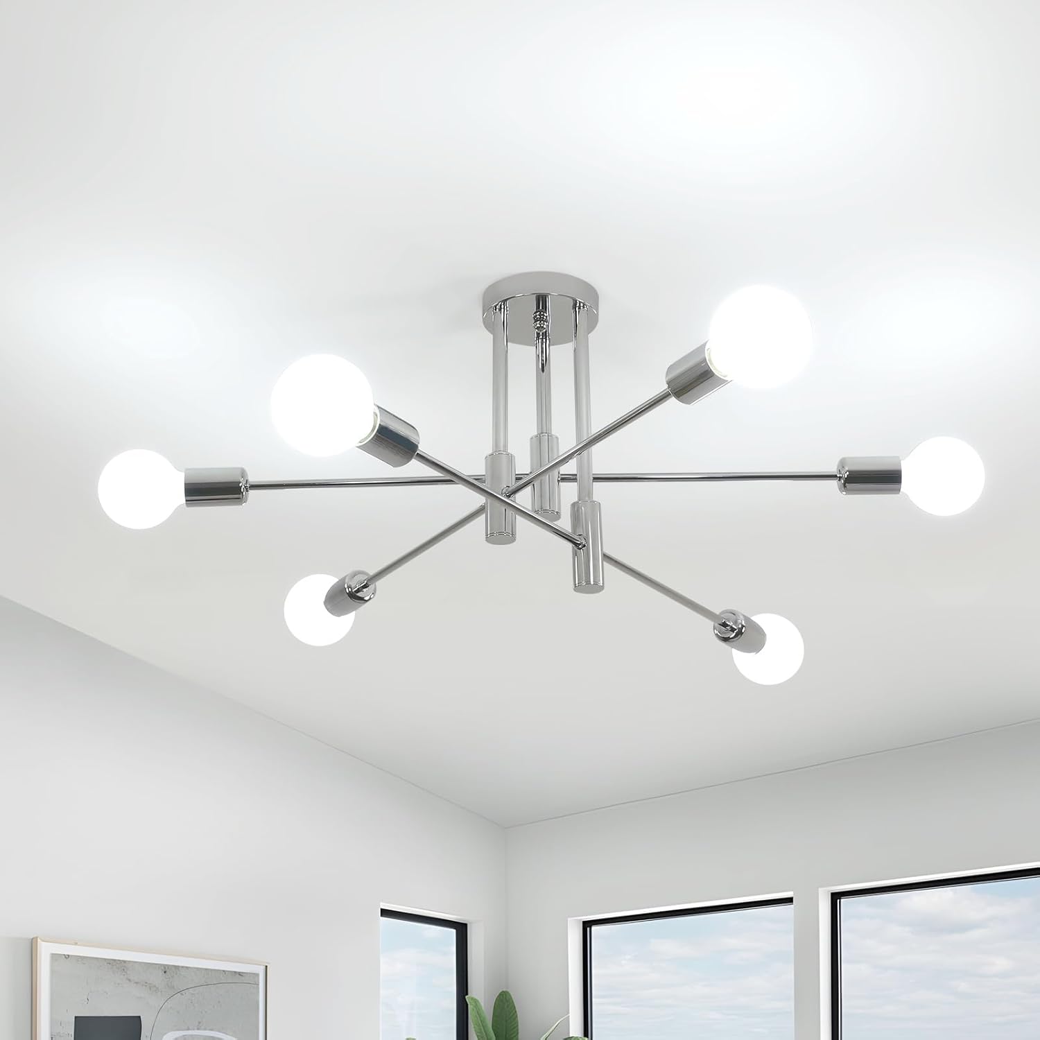 Lámpara de techo industrial Comely, 6 luces, lámpara de techo vintage con forma DIY, E27, lámpara de techo moderna de hierro para dormitorio, sala de estar, cocina y pasillo (cromada)