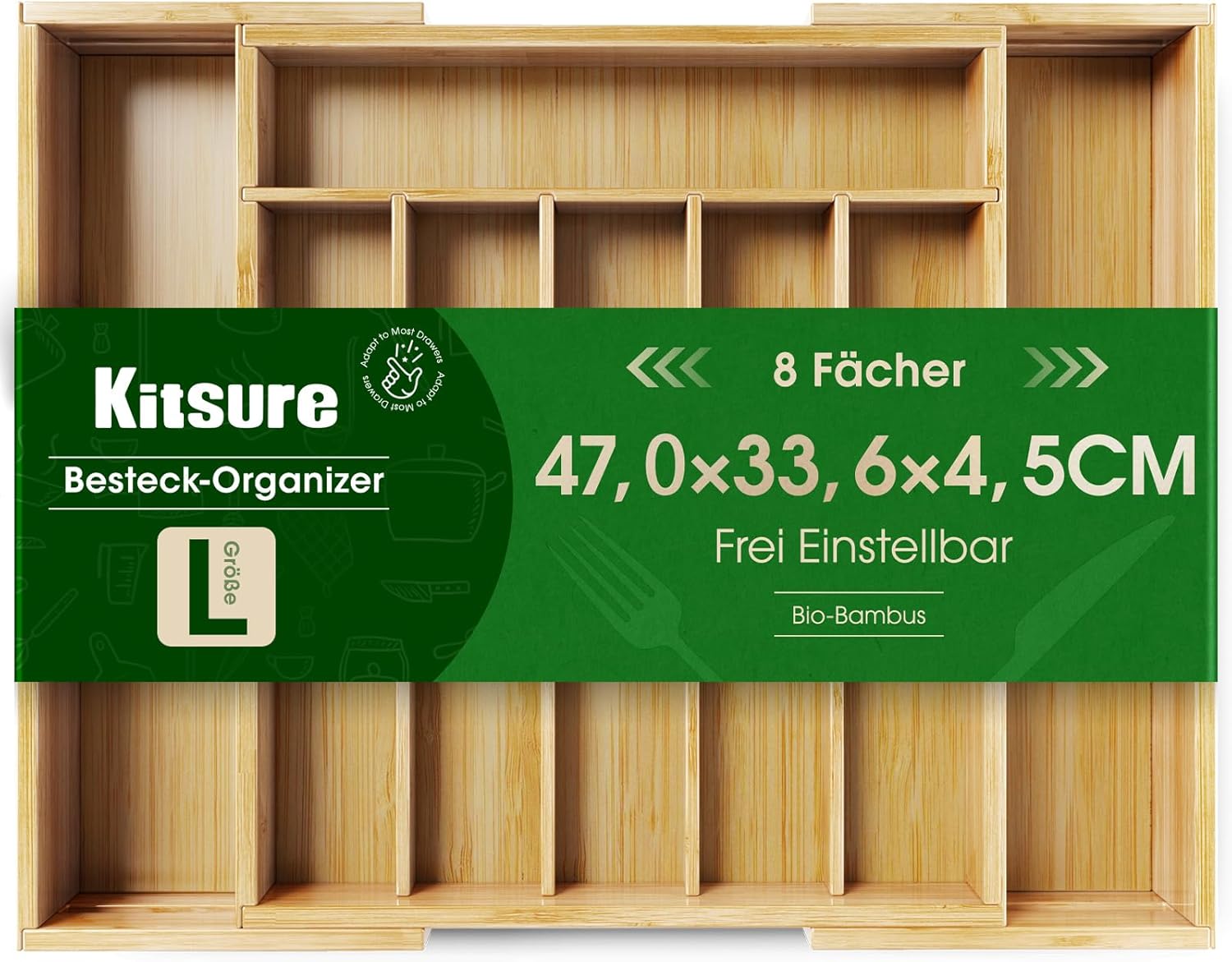 Bandeja para cubiertos Kitsure para cajones - Organizador de cajones de cocina con 8 compartimentos, bandeja de bambú resistente para cubiertos, organizador de cocina versátil, 33,6 x 4,5 x 29,0-47,0 cm