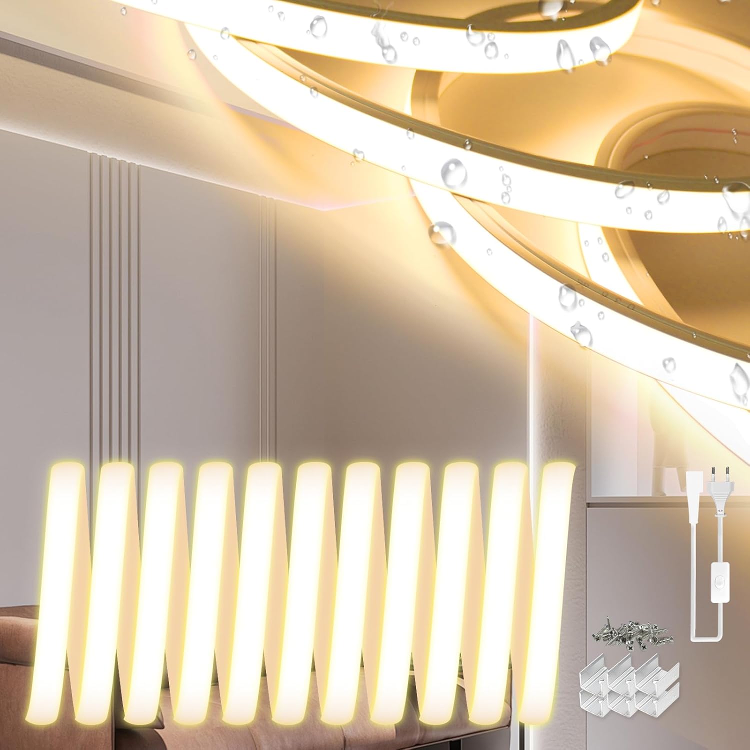 Tira de LED neón SUCIKORIO de 15 m, resistente al agua y al fuego IP65, luz blanca cálida de 3000 K, 10 mm, luces LED de cadena para exteriores de 230 V, flexible, para bricolaje, con fuente de alimentación para el hogar, fiestas y cocina.