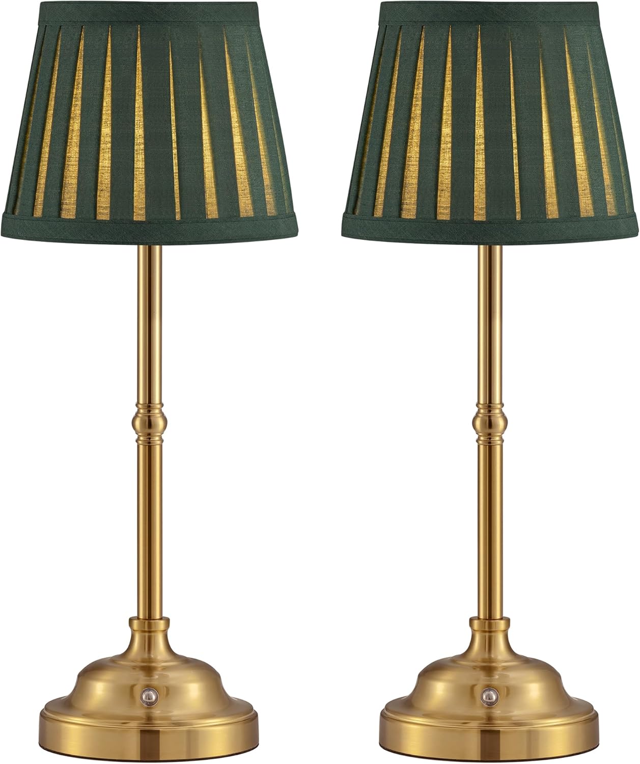 Lámpara de mesa LED inalámbrica VISDANFO (paquete de 2), lámpara de mesita de noche vintage regulable, lámpara de mesa retro recargable, funciona con batería de 4000 mAh, apta para interiores, exteriores, bares y salas de estar (pantalla dorada y verde).