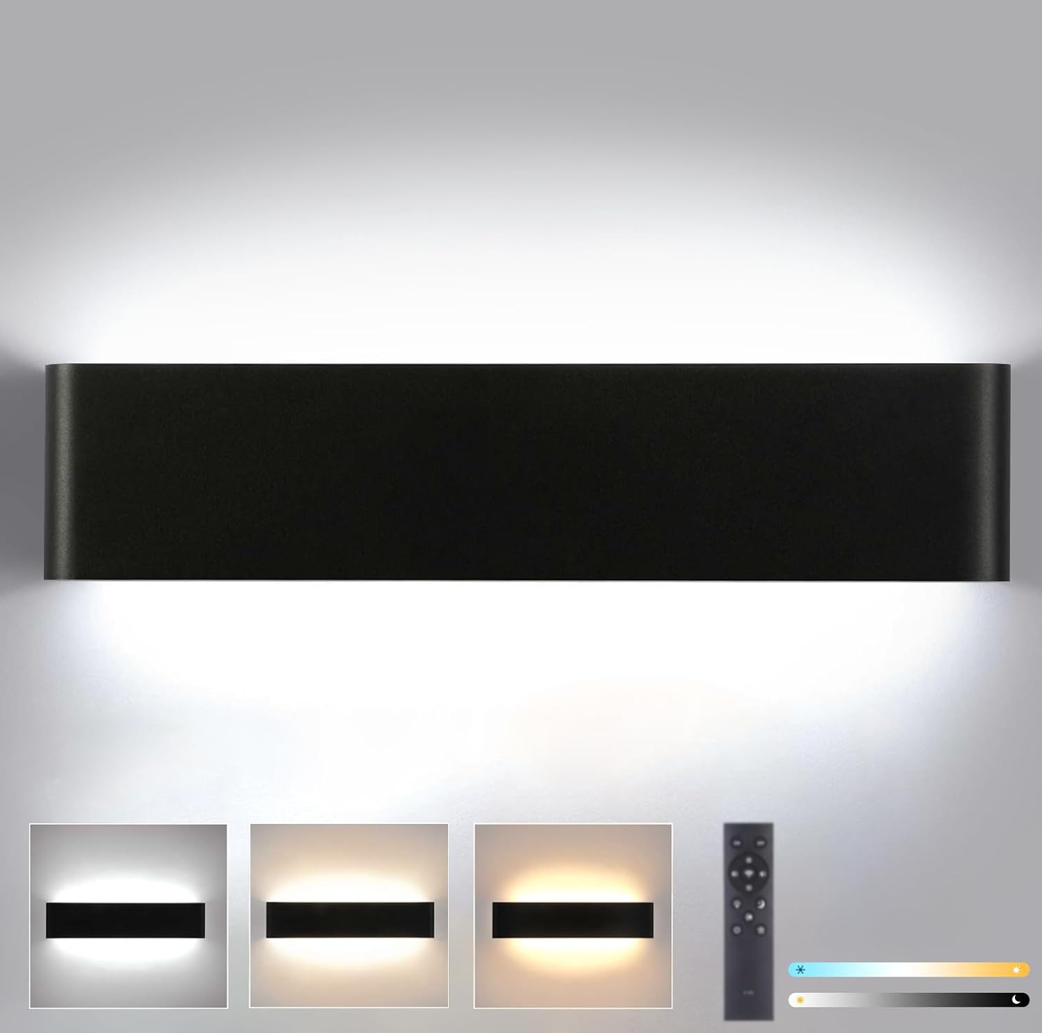 Lámpara de pared LED Lightsjoy de 28 W para interiores, regulable con mando a distancia, 40 cm, moderna, color negro, iluminación de pared ascendente/descendente para escaleras, sala de estar, dormitorio y pasillo (2700 K-6500 K).