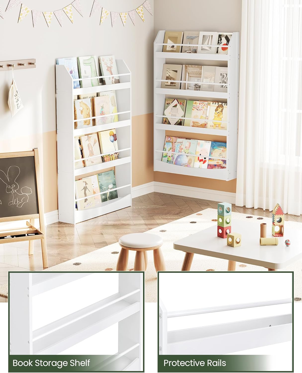 Muebles para habitación infantil CHOEZON, estantería de pared de 4 niveles con libros para niños, librería, juguetería, estantería infantil, expositor para habitación infantil, sala de juegos, blanco DMCW13WB