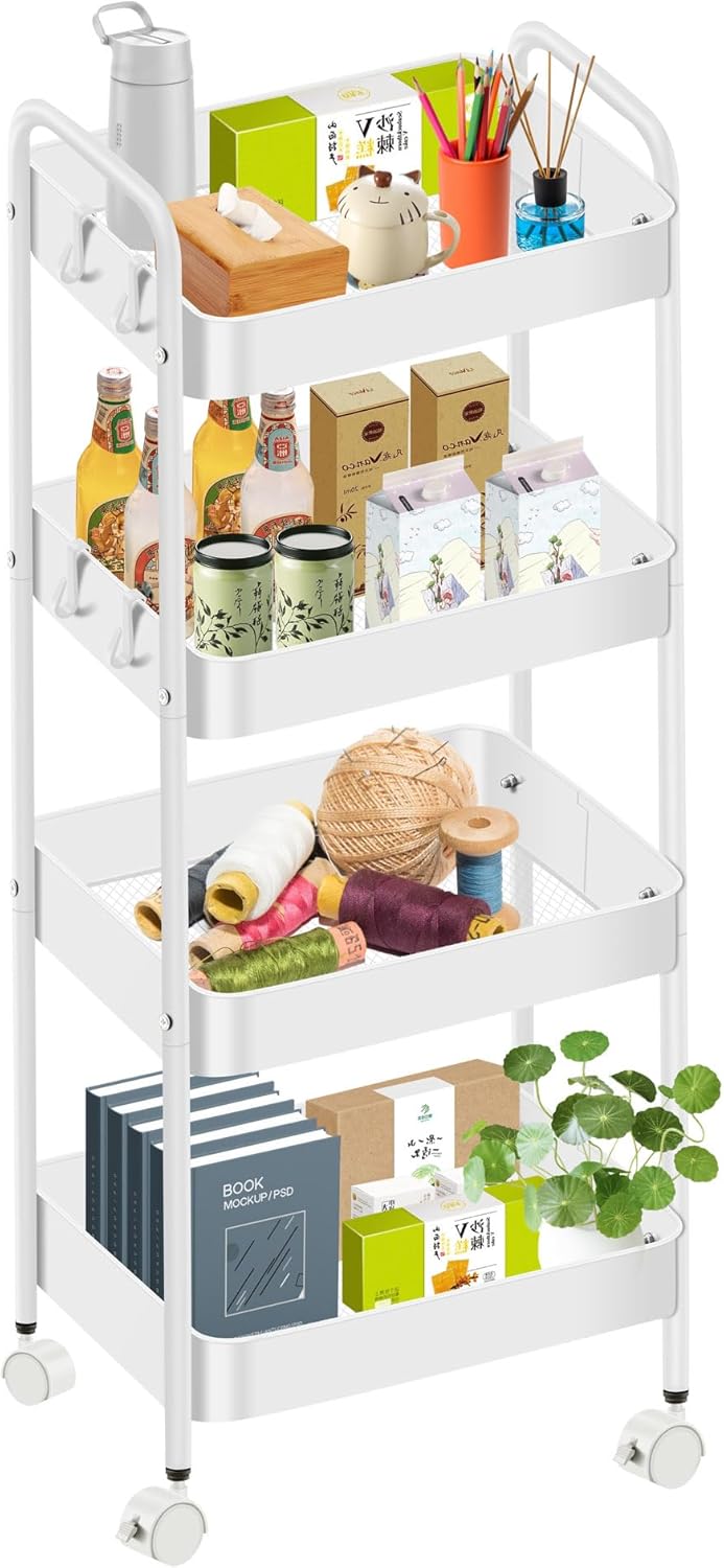 Carrito rodante Mimoke: carrito de almacenamiento de 3/4 de nivel con ruedas giratorias de 360° para cocina, baño, oficina y dormitorio. Móvil, resistente, ideal para guardar utensilios, refrigerios y cosméticos (blanco, 4 niveles).