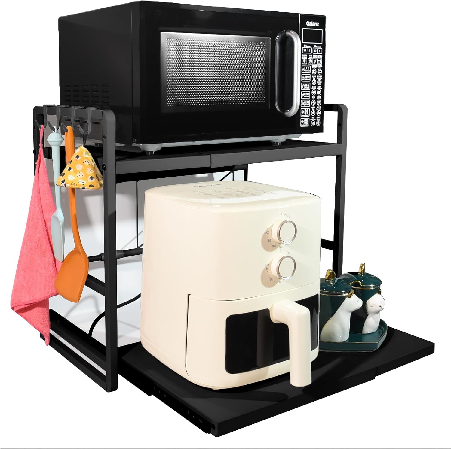 Estante para microondas BeSokar de 2 niveles - Estante de cocina ajustable en altura y extensible con cajón - Acero al carbono - Incluye ganchos y ventosas de refuerzo - Fácil montaje (Negro)