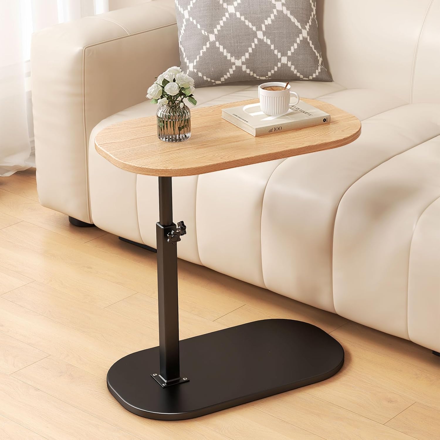 Mesa auxiliar en forma de C, regulable en altura, giratoria 360°, soporte para portátil para sofá/cama, de madera, mesa de centro pequeña para salón, balcón, dormitorio, diseño ligero, fácil de montar (LightWood)
