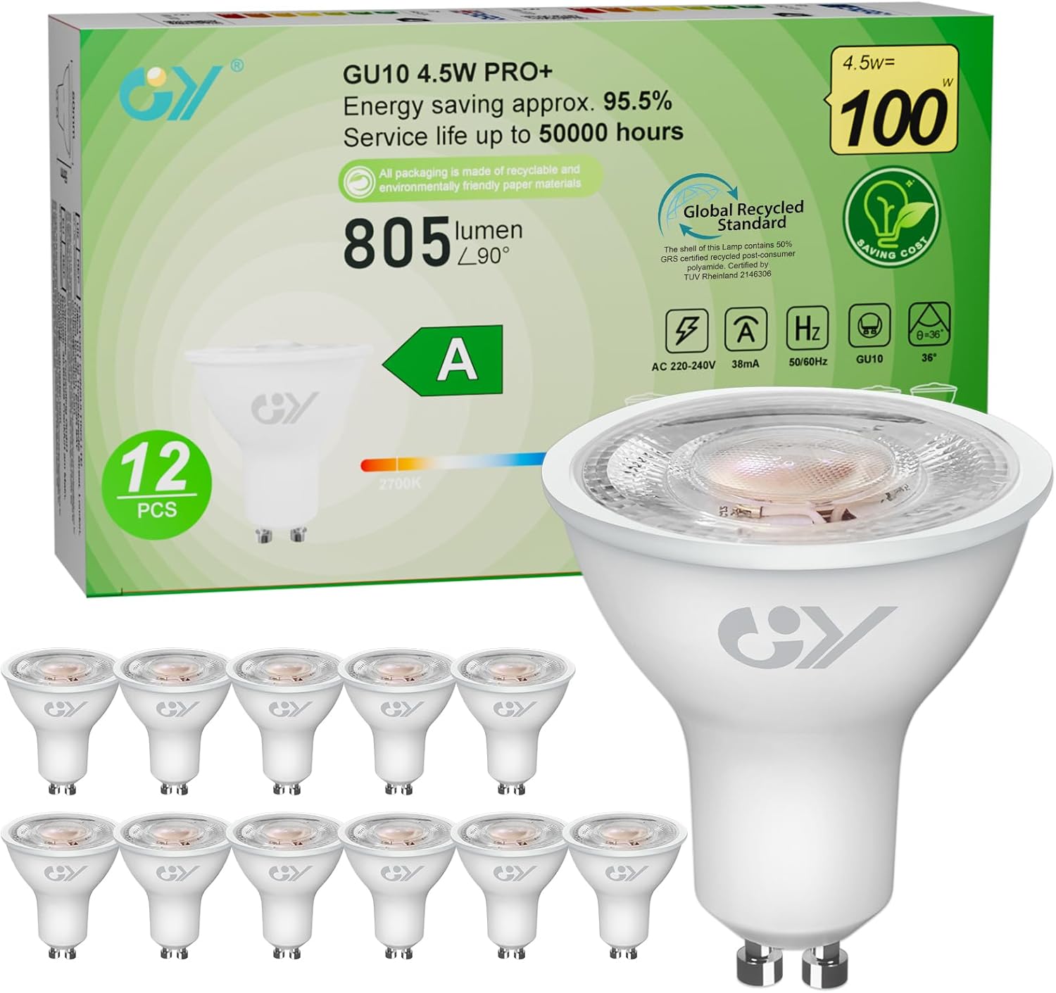 Bombilla LED GY GU10 de luz blanca cálida, 4,5 W, 2700 K, 805 lúmenes, reemplaza bombillas incandescentes de luz blanca cálida, reemplaza bombillas de 100 W, foco con ángulo de haz de 36°, bombillas reflectoras GU10 de bajo consumo no regulables, paquete de 12 unidades