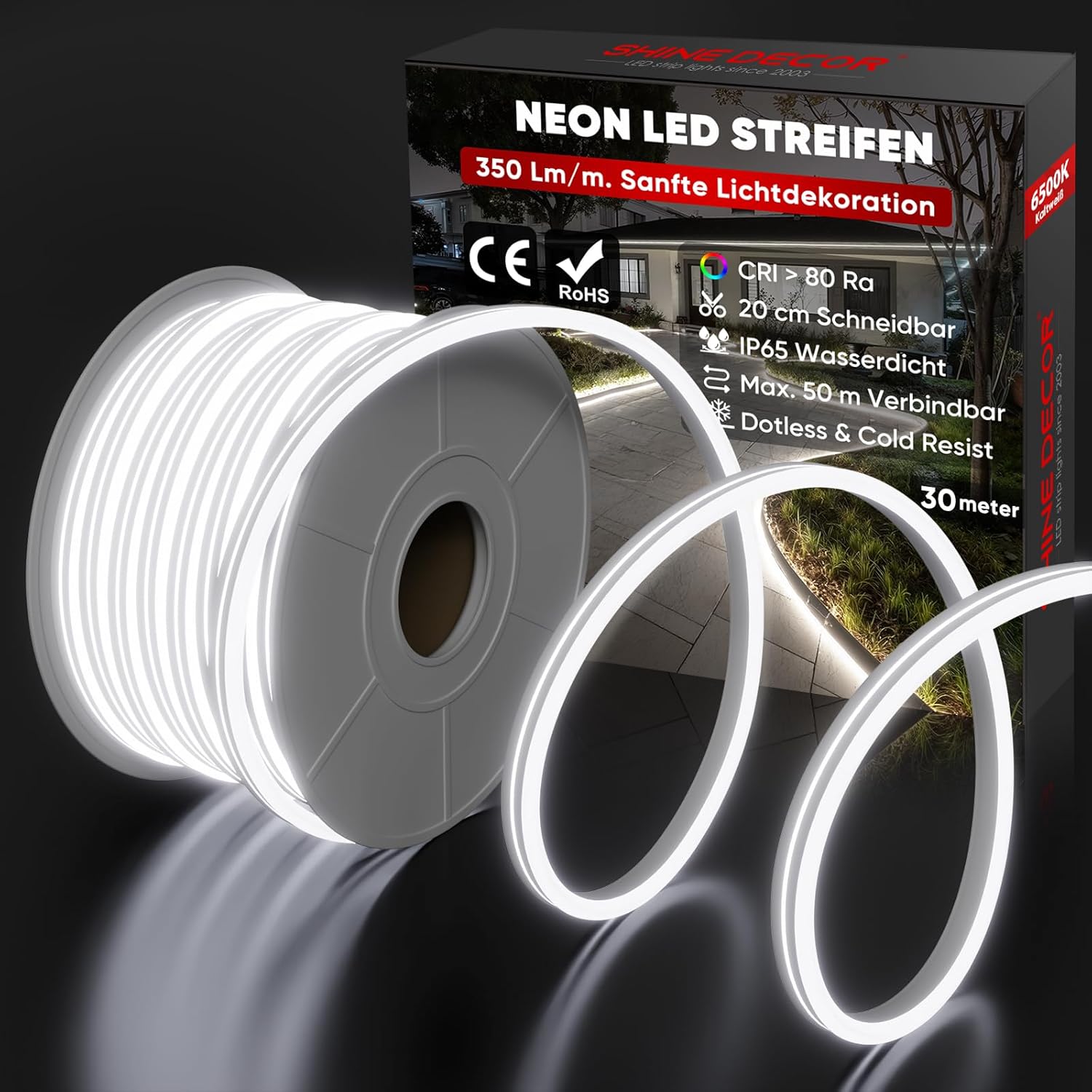 Tira de LED neón Shine Decor de 30 m, CA 230 V, IP65, resistente al agua, 120 LED/m, luces LED neón flexibles para decoración del hogar, cocina e iluminación de jardín (30 m, blanco frío, certificado CE).