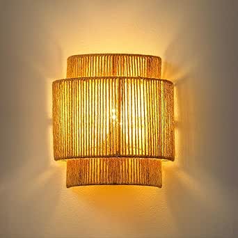 Lámpara de pared de ratán vintage, lámpara de pared de madera para interiores, lámpara de pared de cuerda de cáñamo vintage, lámpara de pared de material natural tejida a mano, E27, iluminación de pared de ratán y bambú para sala de estar, dormitorio, hogar, comedor