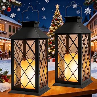 Yowin - Faroles solares grandes para jardín (2 unidades, con velas parpadeantes, vidrio templado, impermeables, para patios y balcones) - Negro
