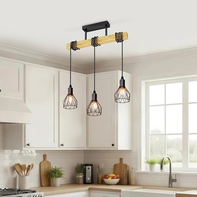Lámpara colgante LVWIT negra de 3 luces E14, estilo vintage, de madera, para cocina, con altura ajustable para salón, comedor, dormitorio y cocina (bombillas no incluidas).