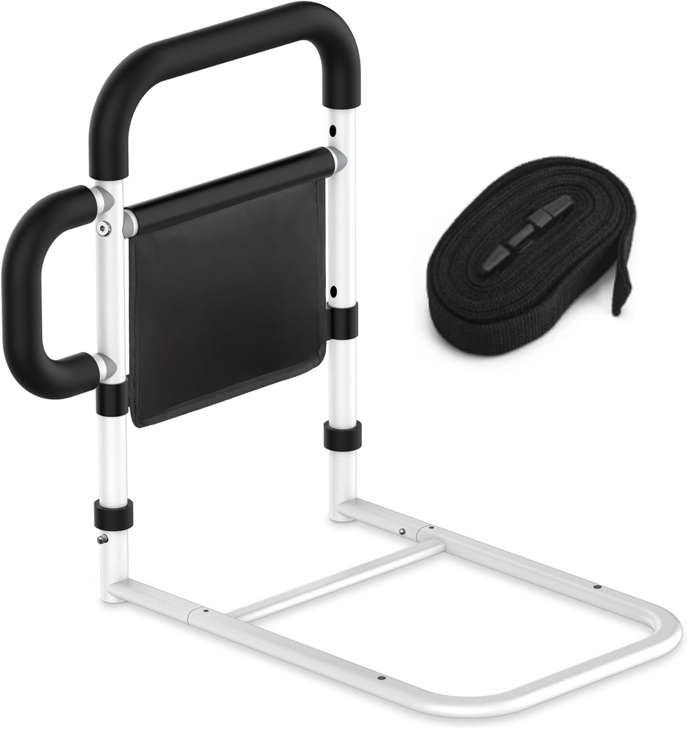 SANEWE Barra de apoyo para cama, para personas mayores, con altura ajustable (160 kg), reposabrazos desmontables y correas de seguridad para todo tipo de camas | Incluye bolsa anticaídas y de almacenamiento