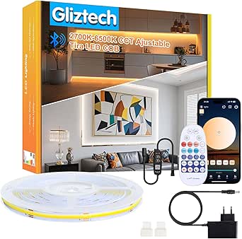 Tira LED COB de 10 m, regulable, 3000 K-6500 K, blanco cálido a blanco frío, ultrabrillante, luz LED para debajo de los gabinetes de cocina con control remoto y aplicación Bluetooth inteligente, para dormitorio y sala de estar.