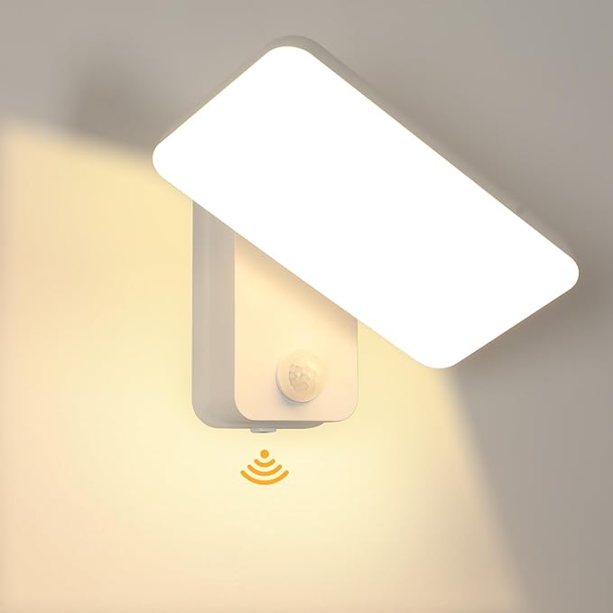 Aplique LED de pared para interior y exterior DELIPOP con sensor de movimiento, 16 W, resistente al agua IP65, blanco, giratorio 350°, para patio, entrada, jardín y terraza, blanco cálido 3000 K.
