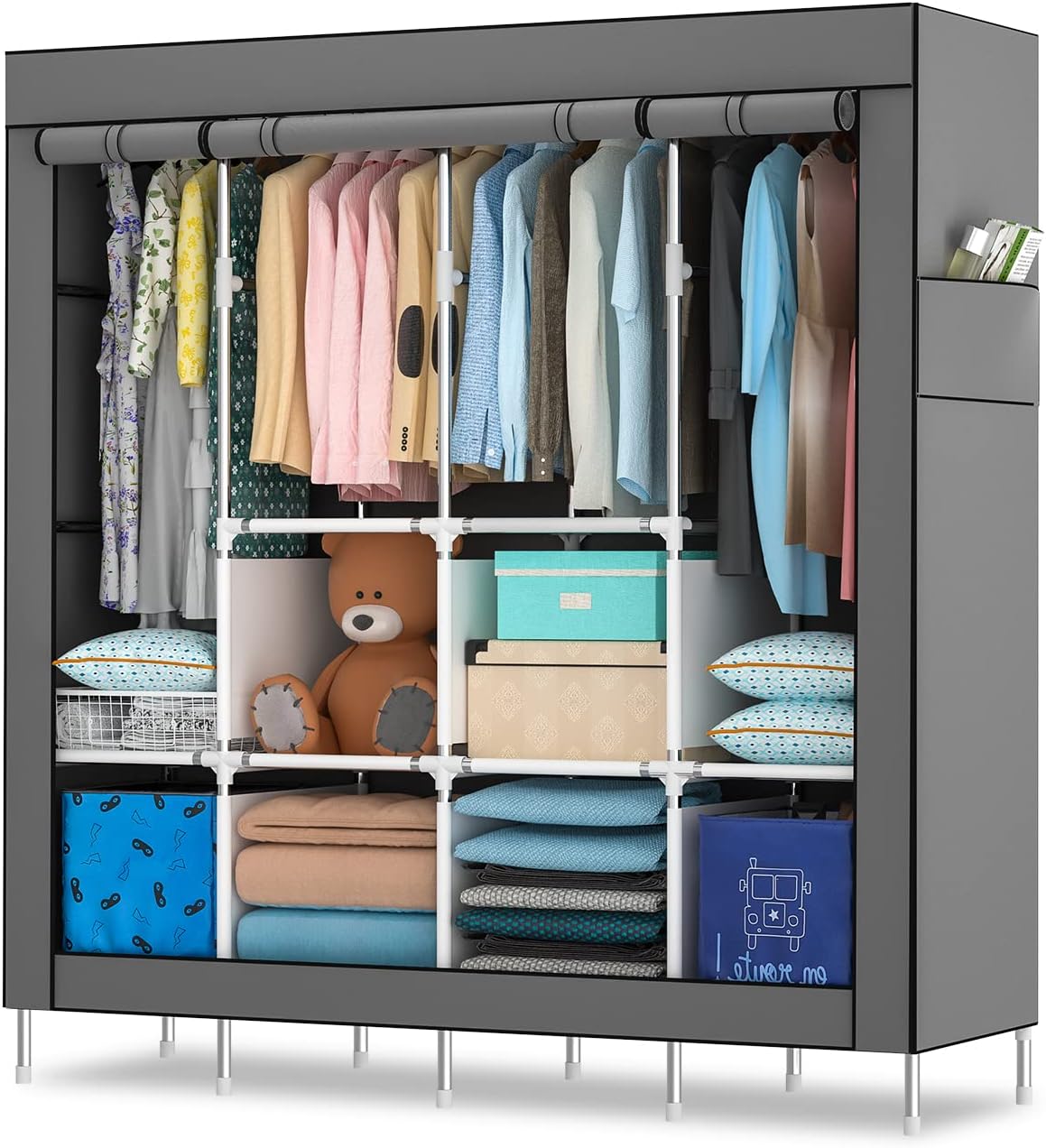 Armario portátil de 170 cm para colgar ropa, perchero metálico, armario independiente con funda de tela Oxford, 165 cm x 170 cm x 45 cm (gris, talla S)